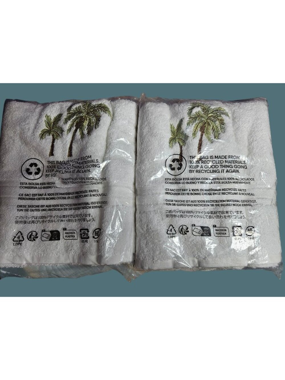 LANDS' END 100% Cotton Palm Trees Motif White Bath Hand Towels (2)